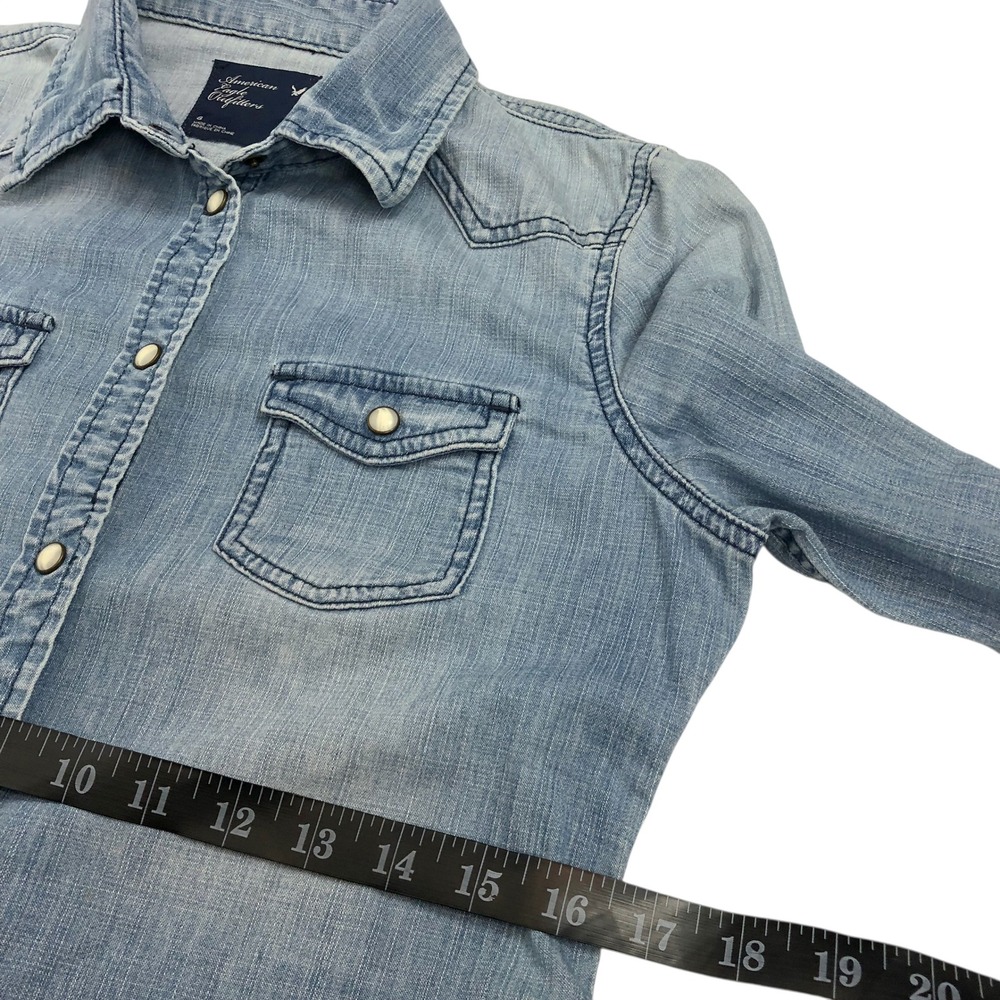 American Eagle Light Wash Denim Pearl Snap Shirt Size 8 Western Cowgirl Rodeo - Picture 10 of 14